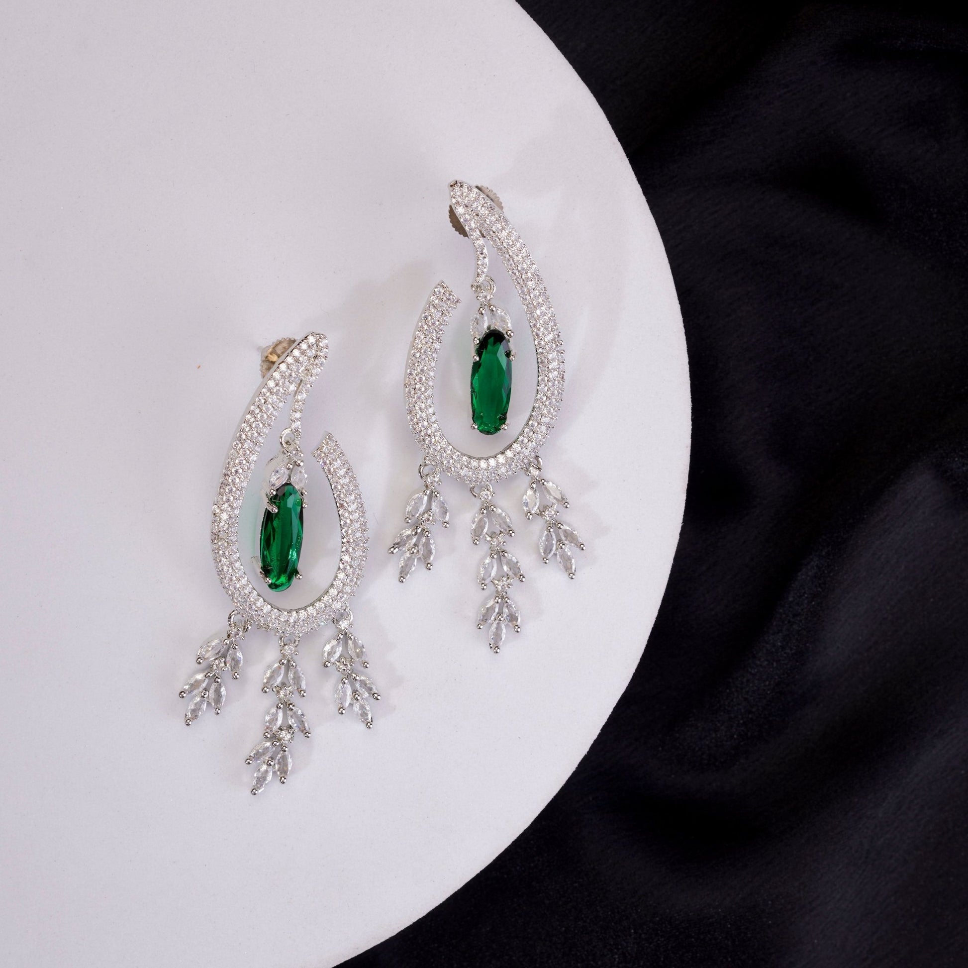 Earrings - Emerald Teardrop Rhodium Plated Dangles - Opal Touch