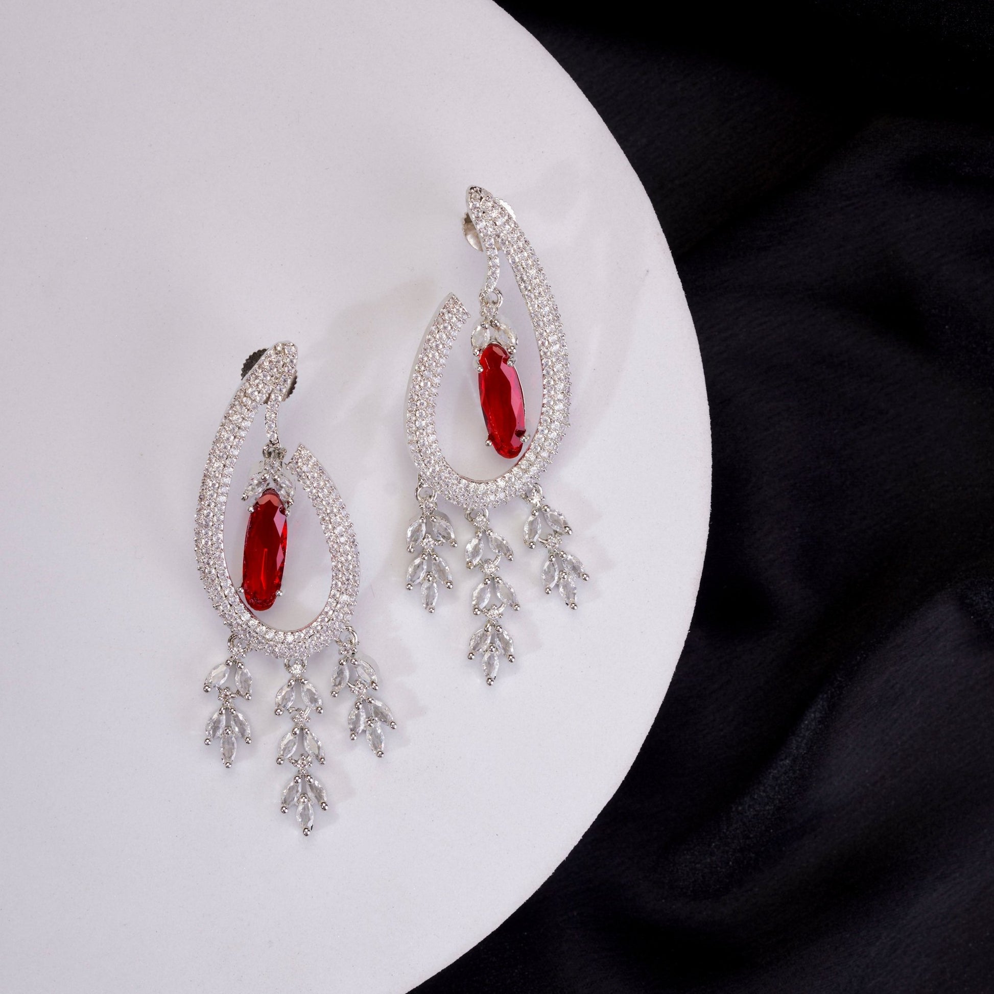 Earrings - Emerald Teardrop Rhodium Plated Dangles - Opal Touch