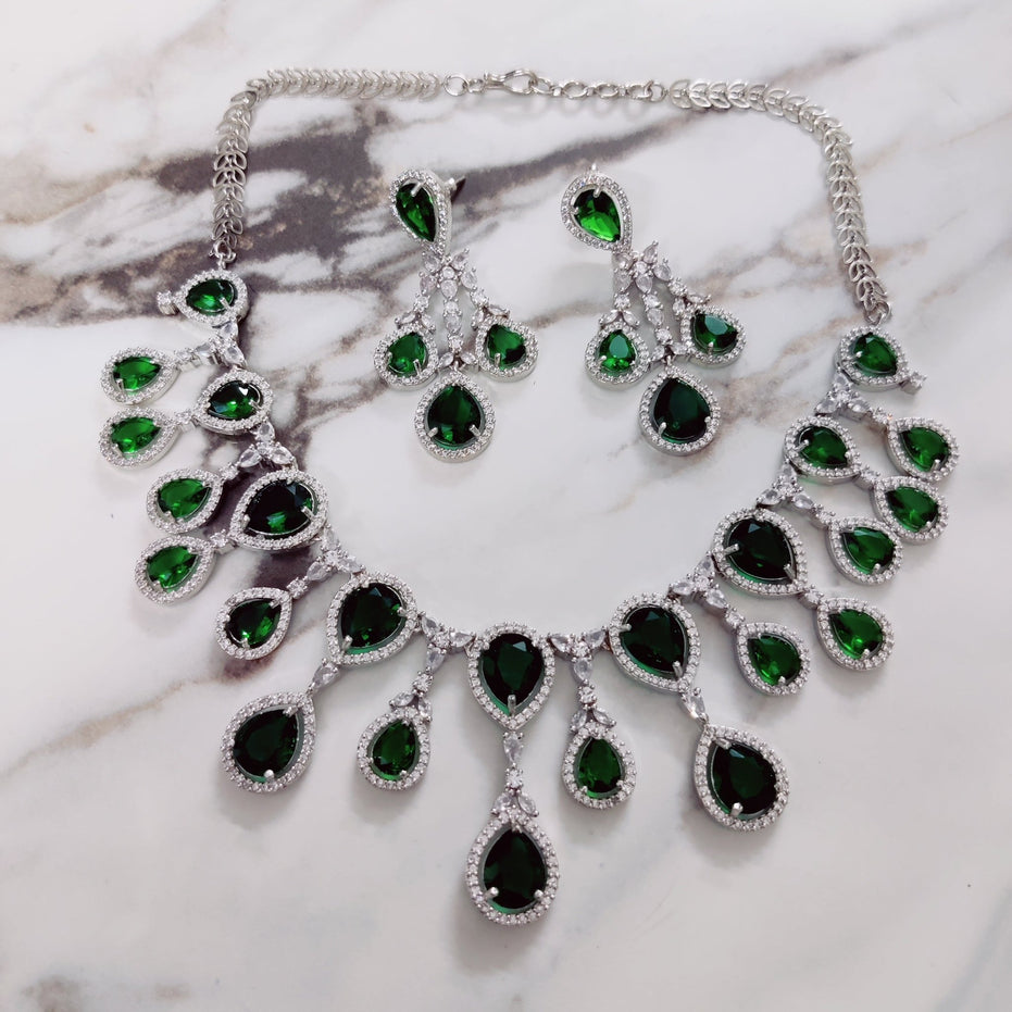 Opal Touch - Enchanted Emerald Elegance Necklace in Rhodium - Necklace