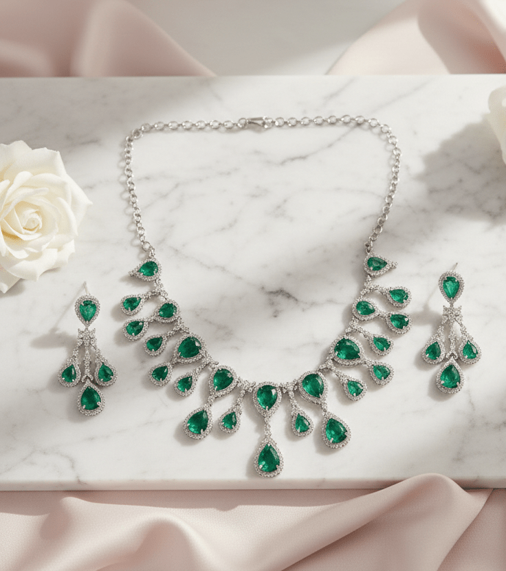 Enchanted Emerald Elegance Necklace in Rhodium - Opal Touch