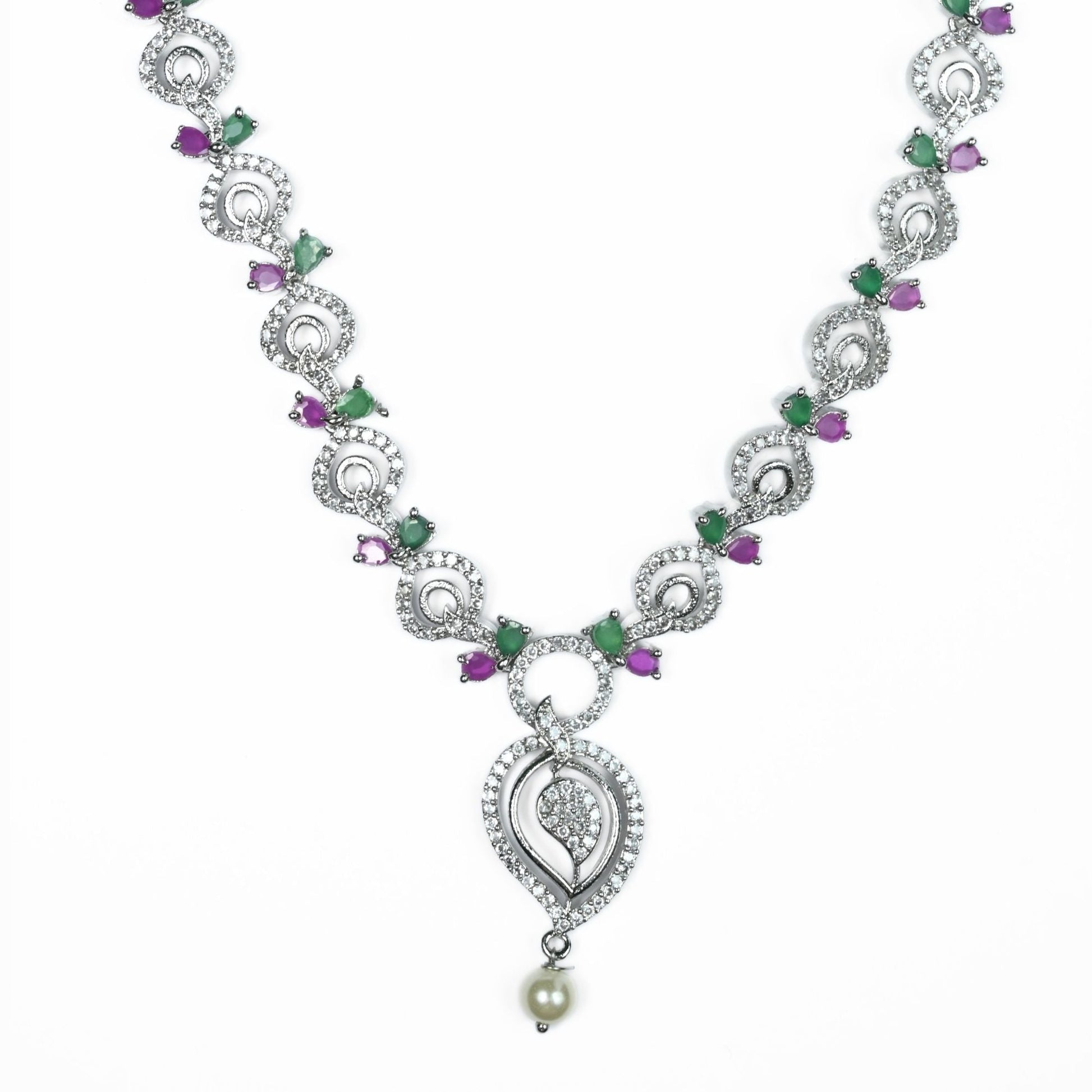 Necklace - Enchanted Sprial Rhodium Plated Necklace Set - Opal Touch