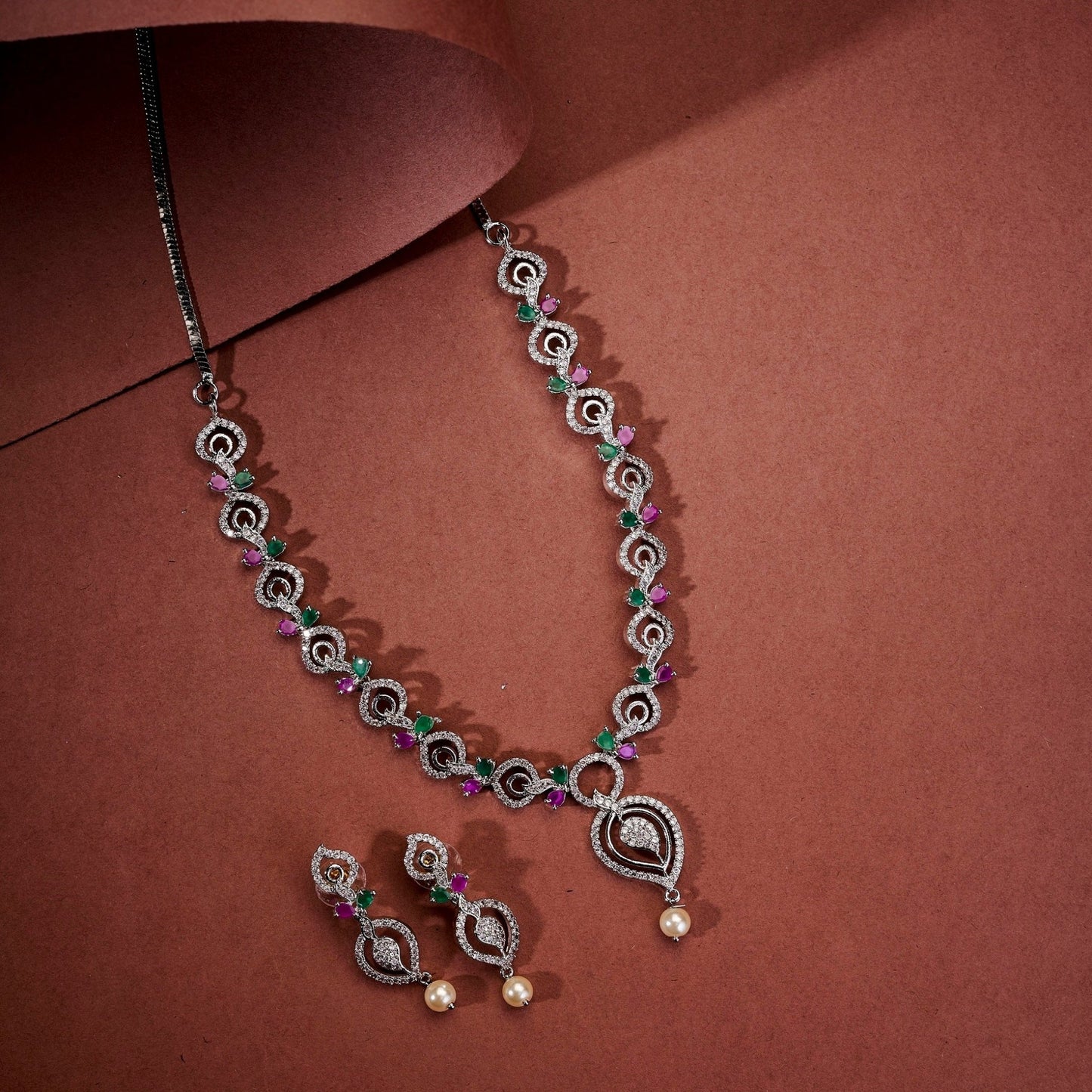 Necklace - Enchanted Sprial Rhodium Plated Necklace Set - Opal Touch