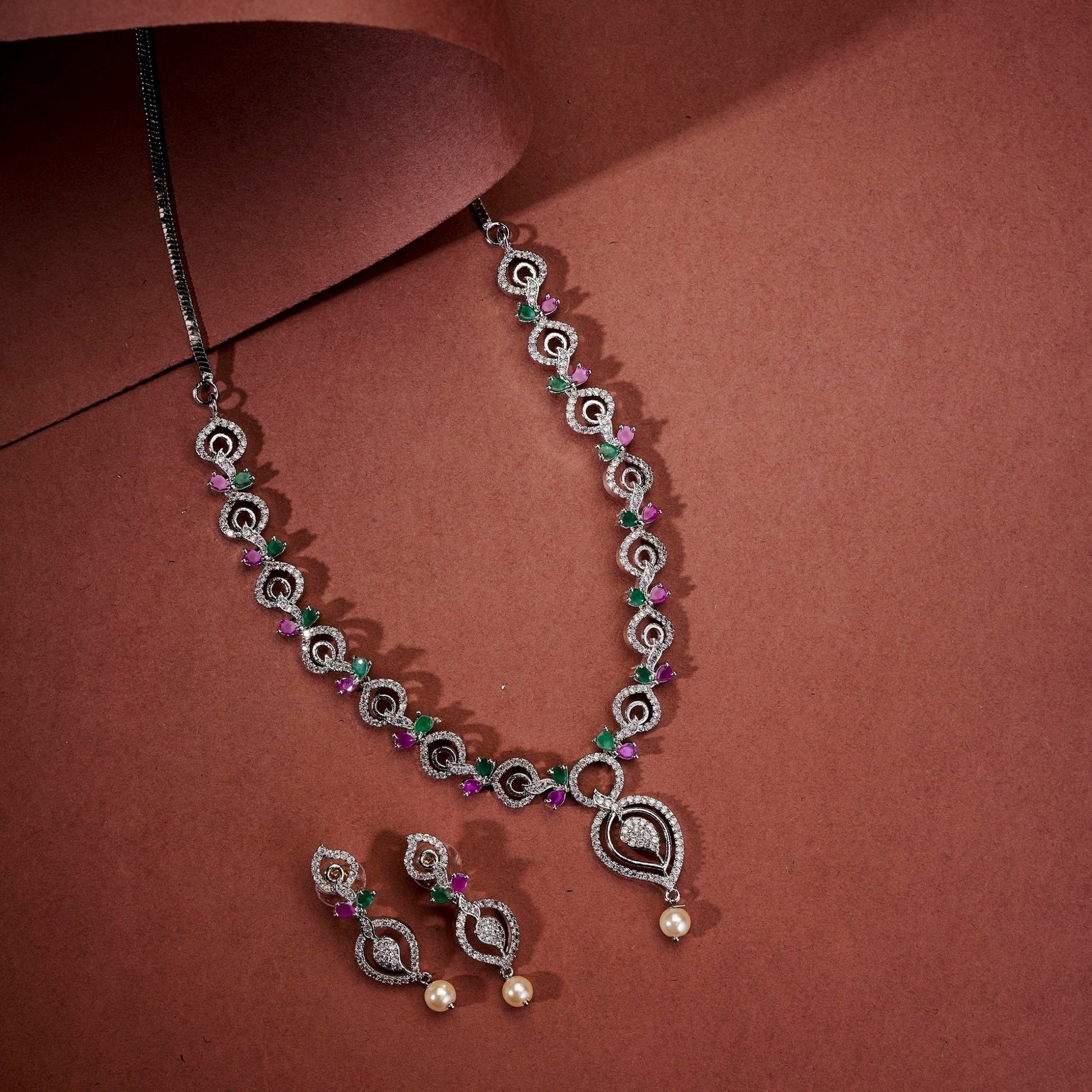 Necklace - Enchanted Sprial Rhodium Plated Necklace Set - Opal Touch