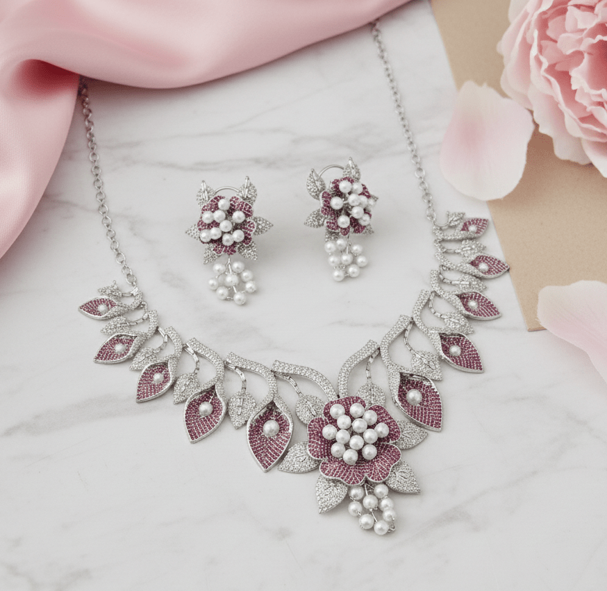 Enchanting Flower Petals Rhodium Necklace - Opal Touch