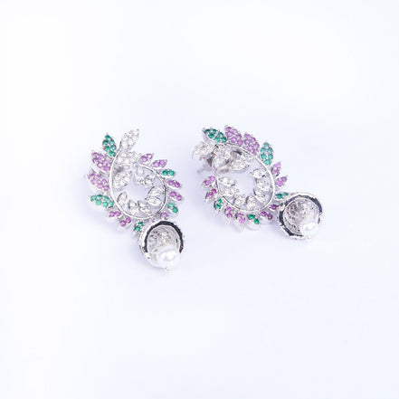 Opal Touch - Enchanting Red-Green Harmony: Brass Rhodium CZ Earrings - Earrings