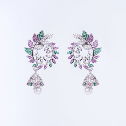 Opal Touch - Enchanting Red-Green Harmony: Brass Rhodium CZ Earrings - Earrings