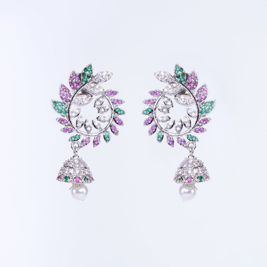 Opal Touch - Enchanting Red-Green Harmony: Brass Rhodium CZ Earrings - Earrings