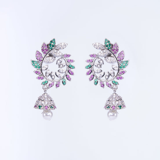 Opal Touch - Enchanting Red-Green Harmony: Brass Rhodium CZ Earrings - Earrings