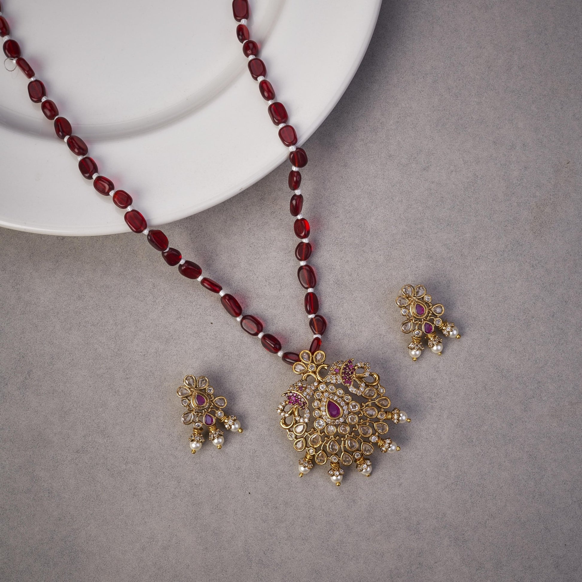 Locket Set - Ethnic Beaded Mehendi Plated Locket Set with Antique Pendant & Earrings - Opal Touch