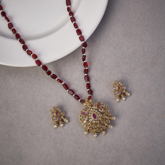 Locket Set - Ethnic Beaded Mehendi Plated Locket Set with Antique Pendant & Earrings - Opal Touch