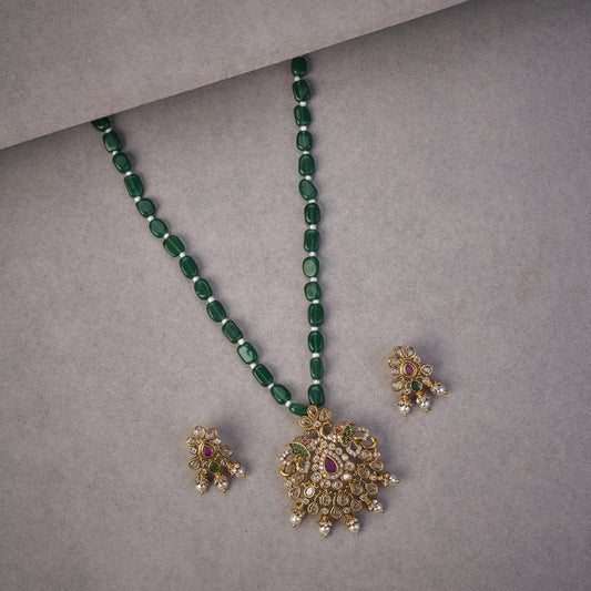 Locket Set - Ethnic Beaded Mehendi Plated Locket Set with Antique Pendant & Earrings - Opal Touch