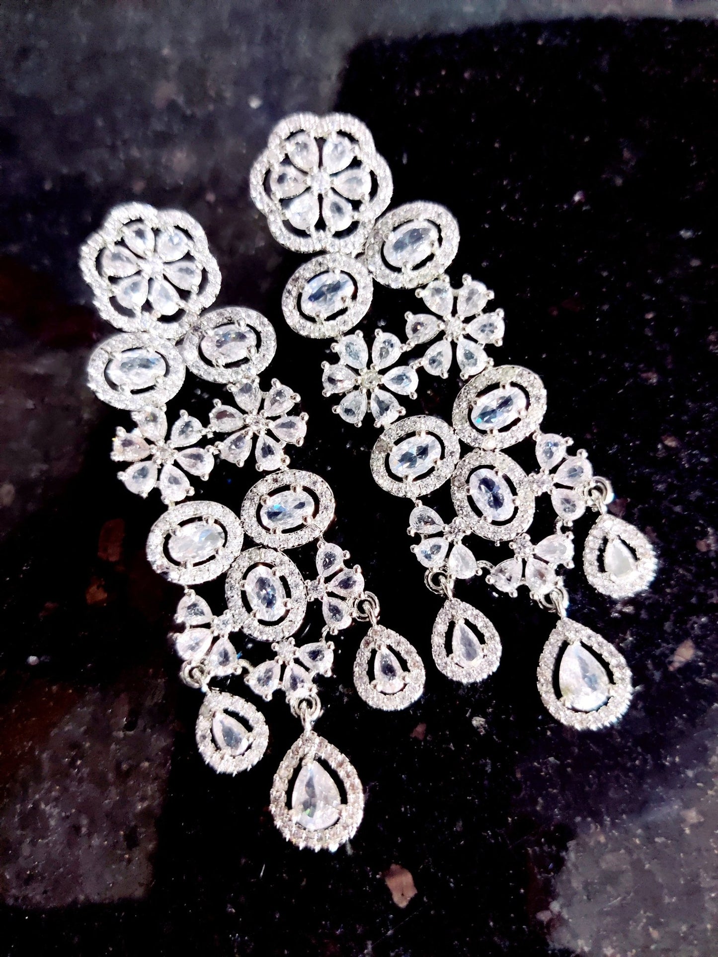 Opal Touch - Exclusive Silver Cz Long Necklace with Earrings and Tika - Necklace