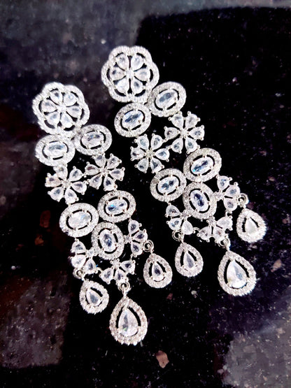 Opal Touch - Exclusive Silver Cz Long Necklace with Earrings and Tika - Necklace