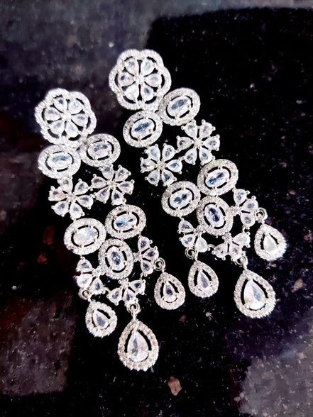 Opal Touch - Exclusive Silver Cz Long Necklace with Earrings and Tika - Necklace