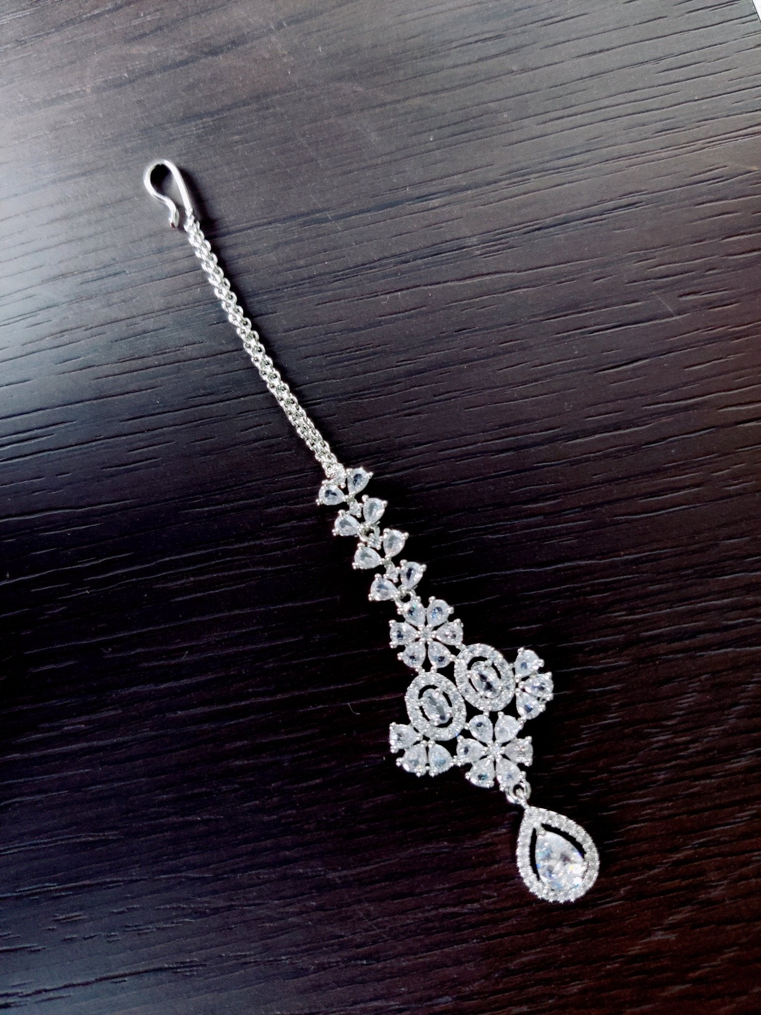 Opal Touch - Exclusive Silver Cz Long Necklace with Earrings and Tika - Necklace