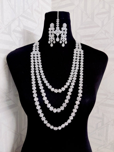 Opal Touch - Exclusive Silver Cz Long Necklace with Earrings and Tika - Necklace