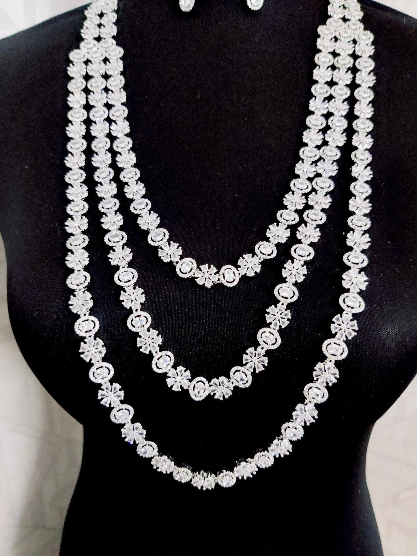 Opal Touch - Exclusive Silver Cz Long Necklace with Earrings and Tika - Necklace