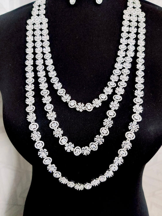 Opal Touch - Exclusive Silver Cz Long Necklace with Earrings and Tika - Necklace