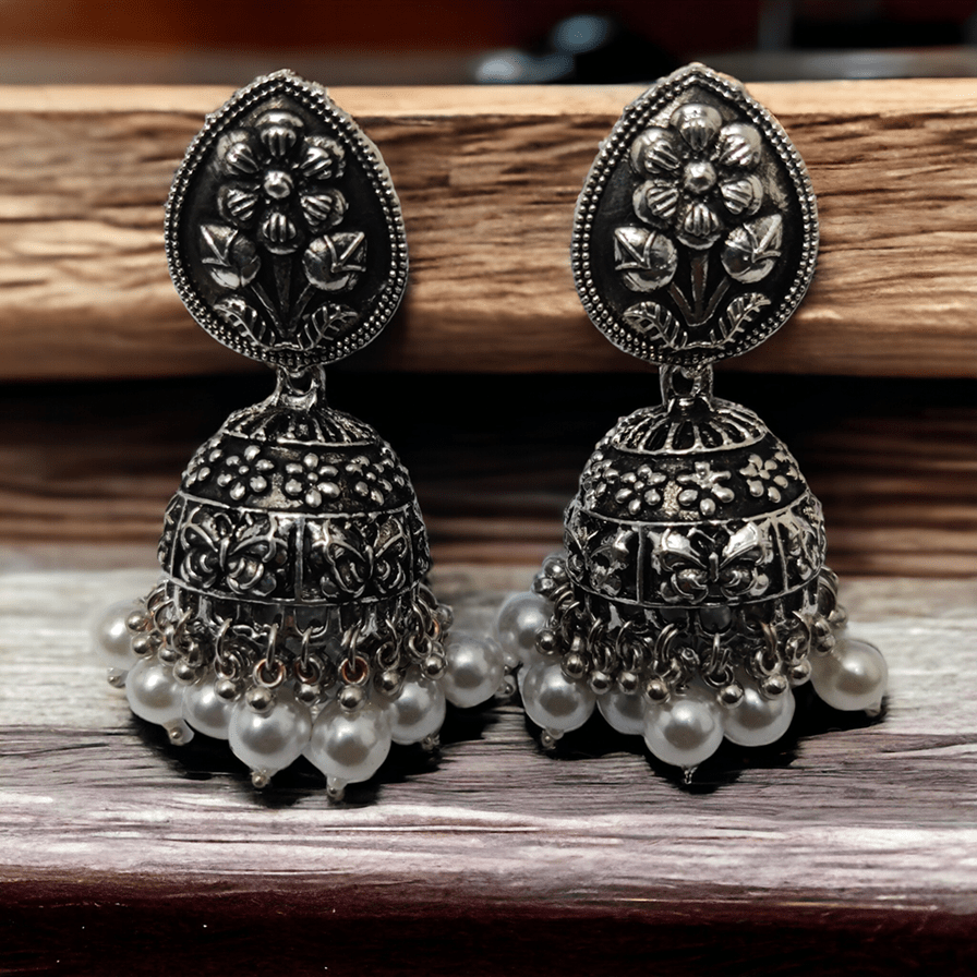 Opal Touch - Exquisite Oxidized Jhumkas with delicate Hanging Moti - Jhumka