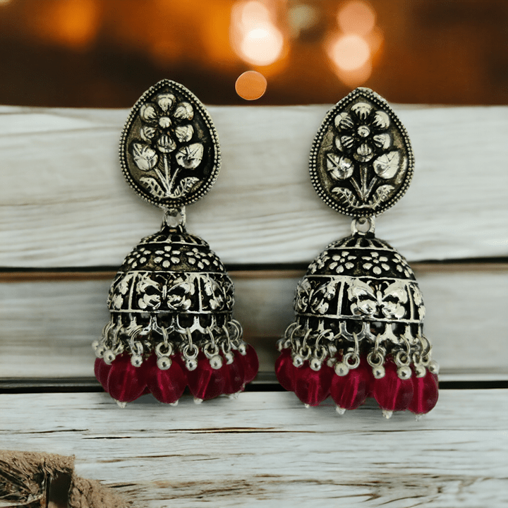 Opal Touch - Exquisite Oxidized Jhumkas with delicate Hanging Moti - Jhumka