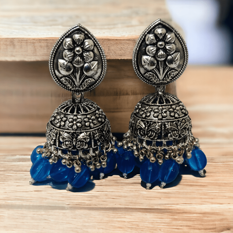 Opal Touch - Exquisite Oxidized Jhumkas with delicate Hanging Moti - Jhumka