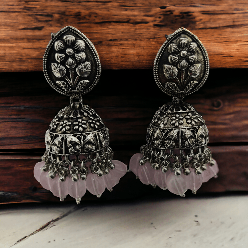Opal Touch - Exquisite Oxidized Jhumkas with delicate Hanging Moti - Jhumka