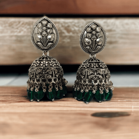 Opal Touch - Exquisite Oxidized Jhumkas with delicate Hanging Moti - Jhumka