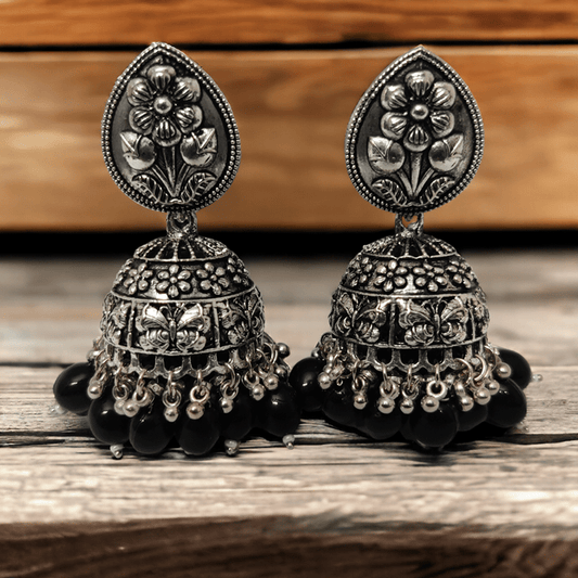 Opal Touch - Exquisite Oxidized Jhumkas with delicate Hanging Moti - Jhumka