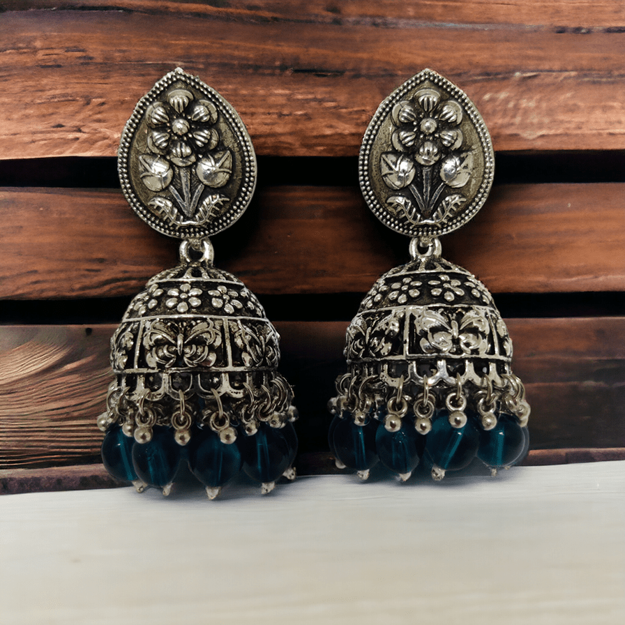 Opal Touch - Exquisite Oxidized Jhumkas with delicate Hanging Moti - Jhumka