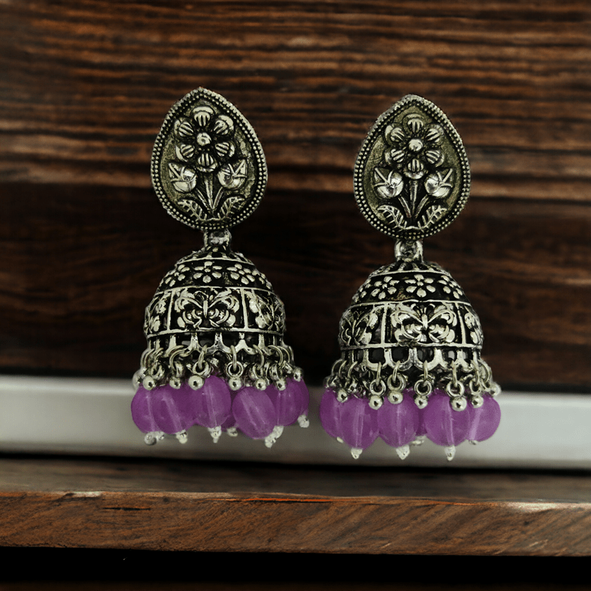 Opal Touch - Exquisite Oxidized Jhumkas with delicate Hanging Moti - Jhumka