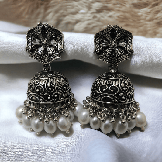 Opal Touch - Exquisite Oxidized Jhumkas with delicate Hanging Moti - Jhumka
