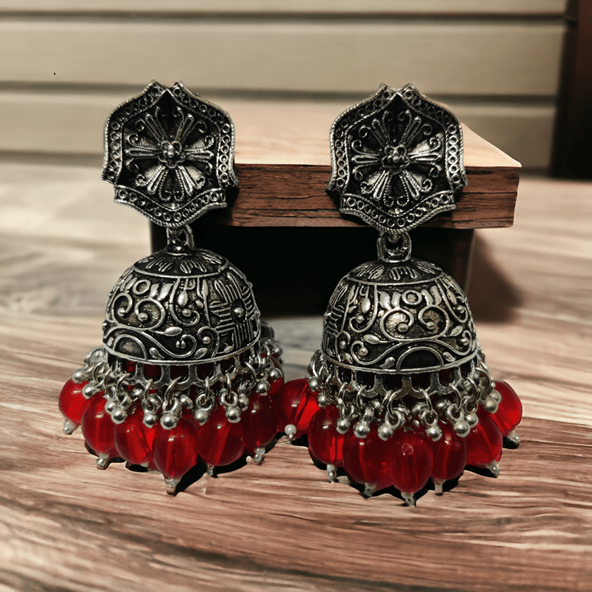 Opal Touch - Exquisite Oxidized Jhumkas with delicate Hanging Moti - Jhumka