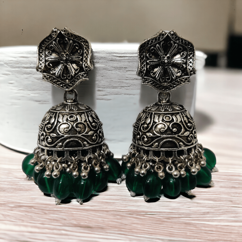 Opal Touch - Exquisite Oxidized Jhumkas with delicate Hanging Moti - Jhumka