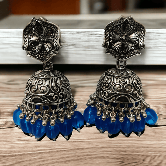 Opal Touch - Exquisite Oxidized Jhumkas with delicate Hanging Moti - Jhumka