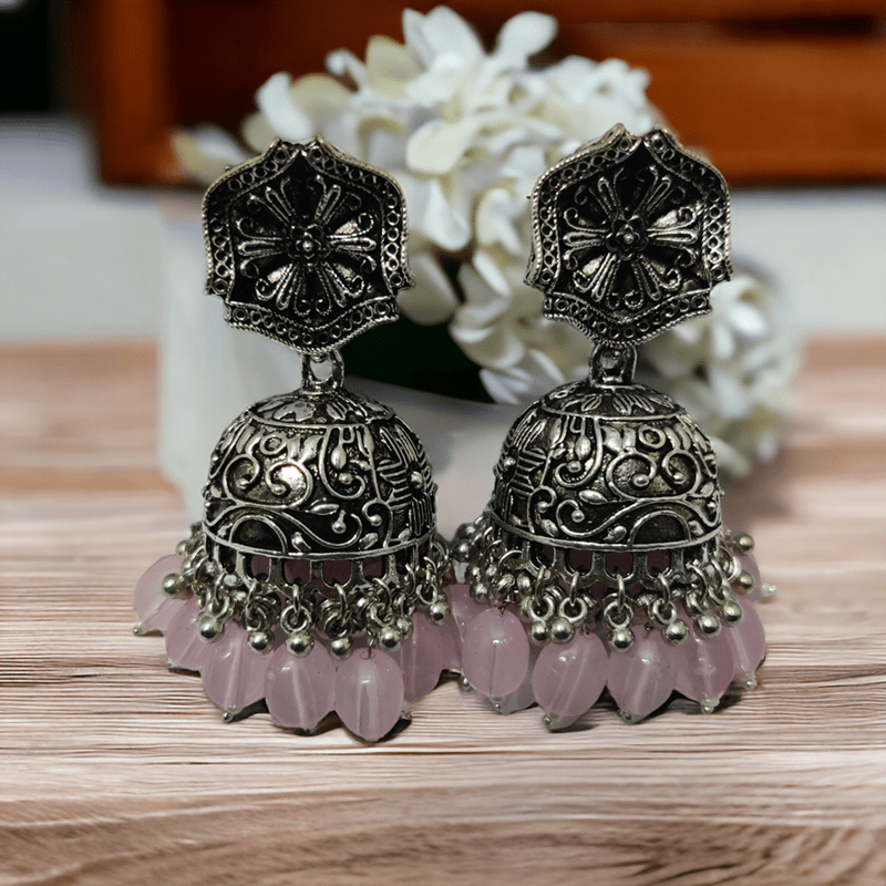 Opal Touch - Exquisite Oxidized Jhumkas with delicate Hanging Moti - Jhumka