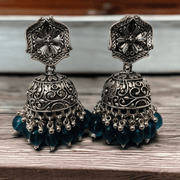 Opal Touch - Exquisite Oxidized Jhumkas with delicate Hanging Moti - Jhumka