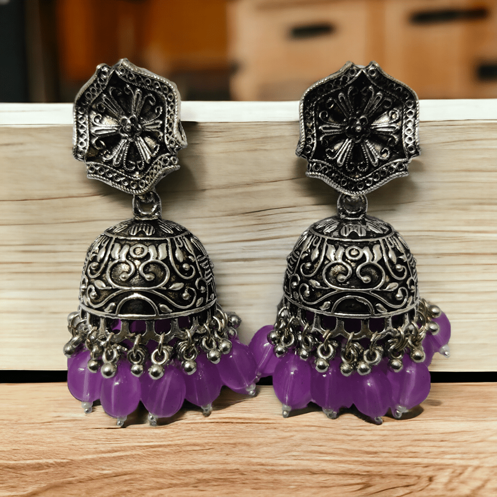 Opal Touch - Exquisite Oxidized Jhumkas with delicate Hanging Moti - Jhumka