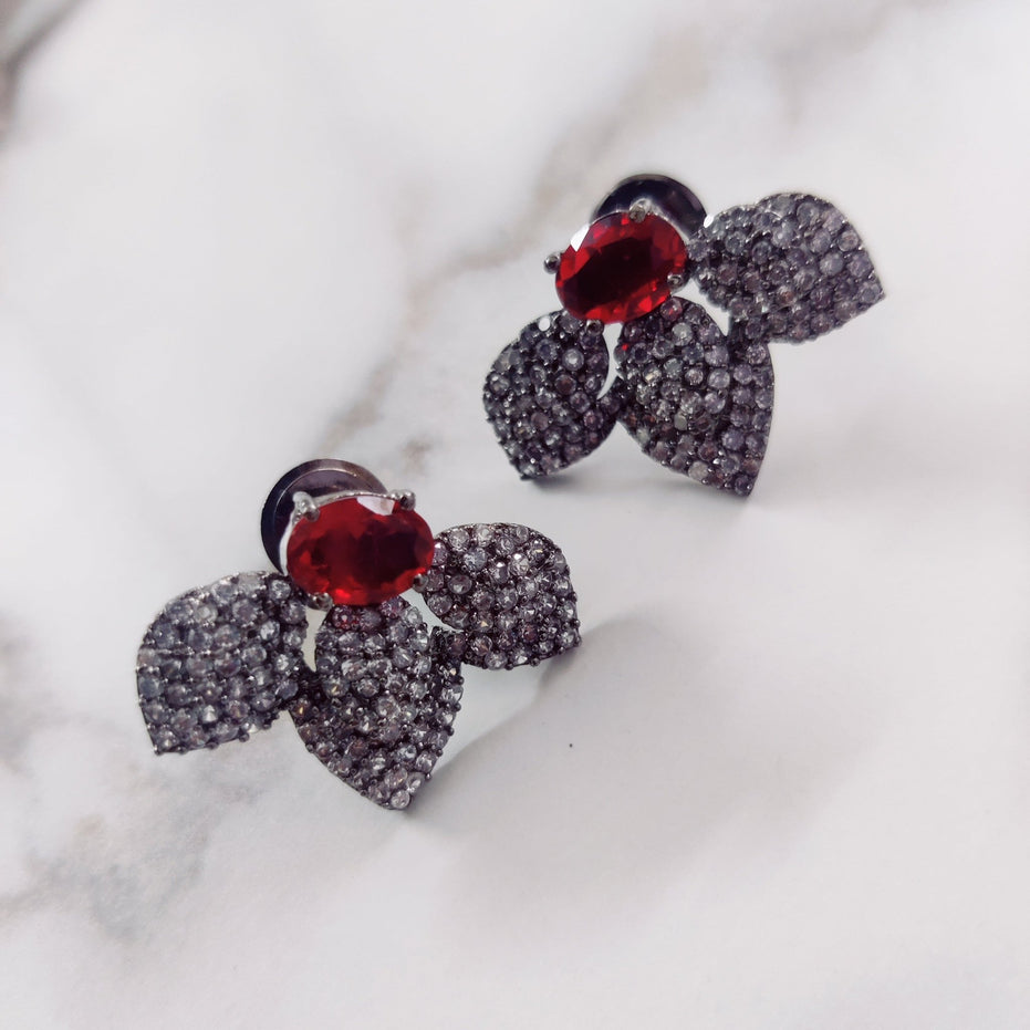 Opal Touch - Fiery Red-White Black Plated Studs - Studs