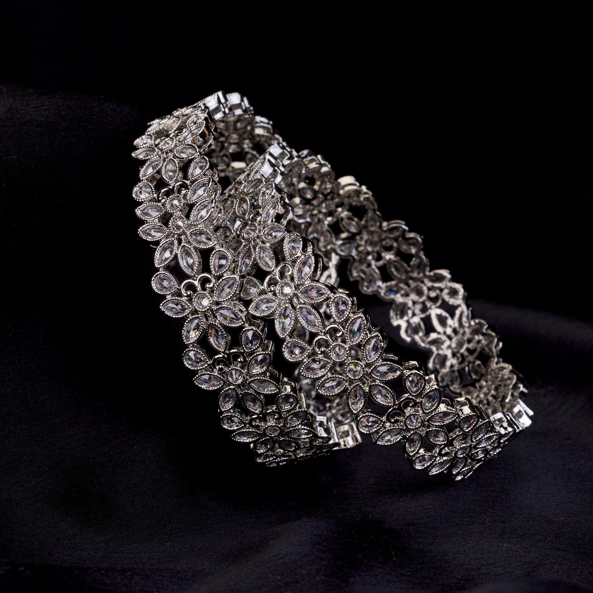 Bangles - Floral Cascade Rhodium Plated Bangles - Opal Touch