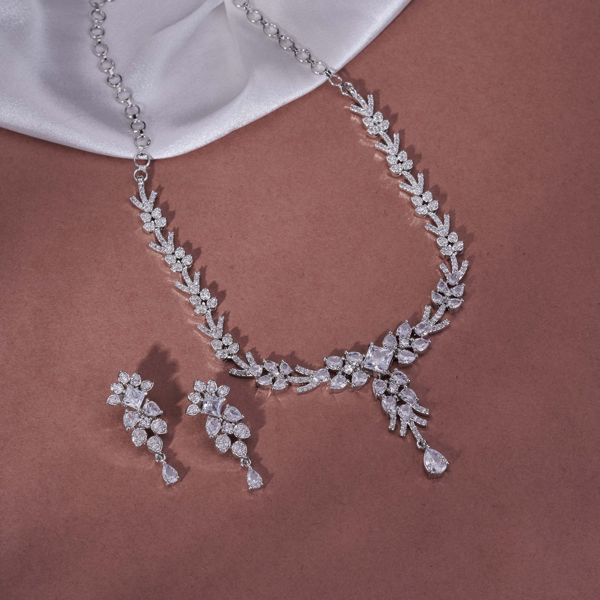 Necklace - Floral Gloret Rhodium Plated Necklace Set - Opal Touch