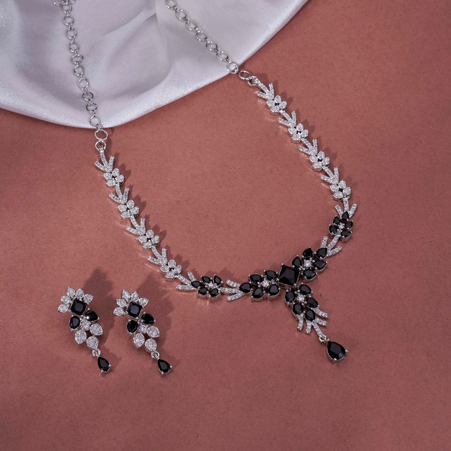 Necklace - Floral Gloret Rhodium Plated Necklace Set - Opal Touch