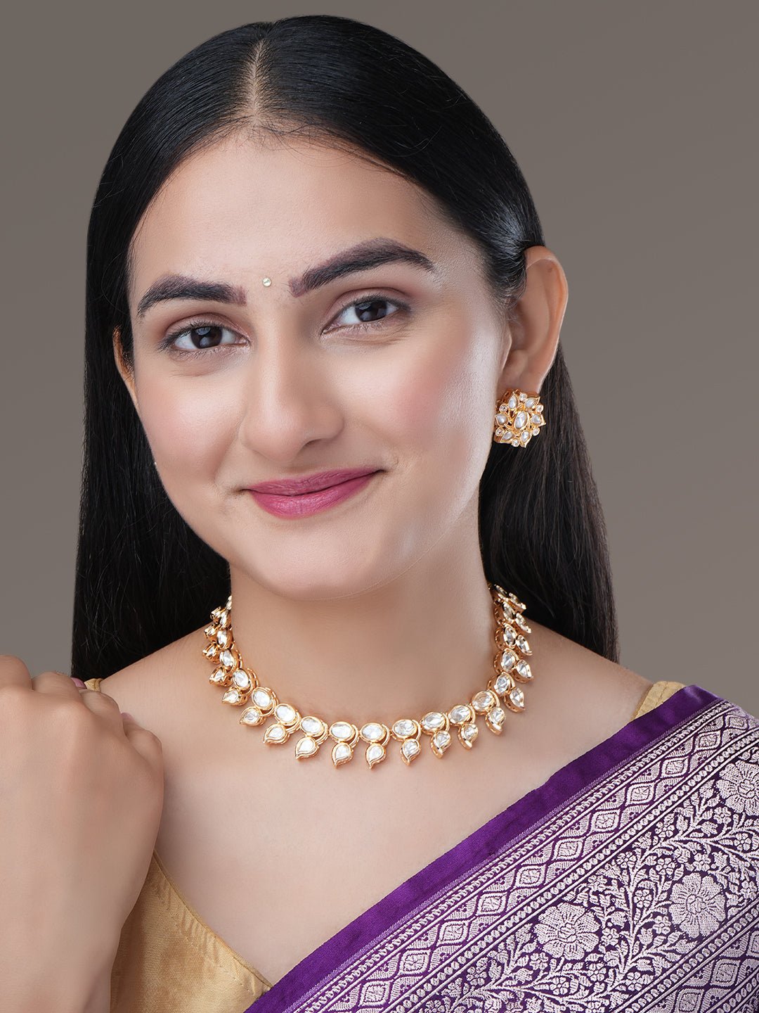 Necklace - Floral Kundan Gold Plated Necklace Set - Opal Touch