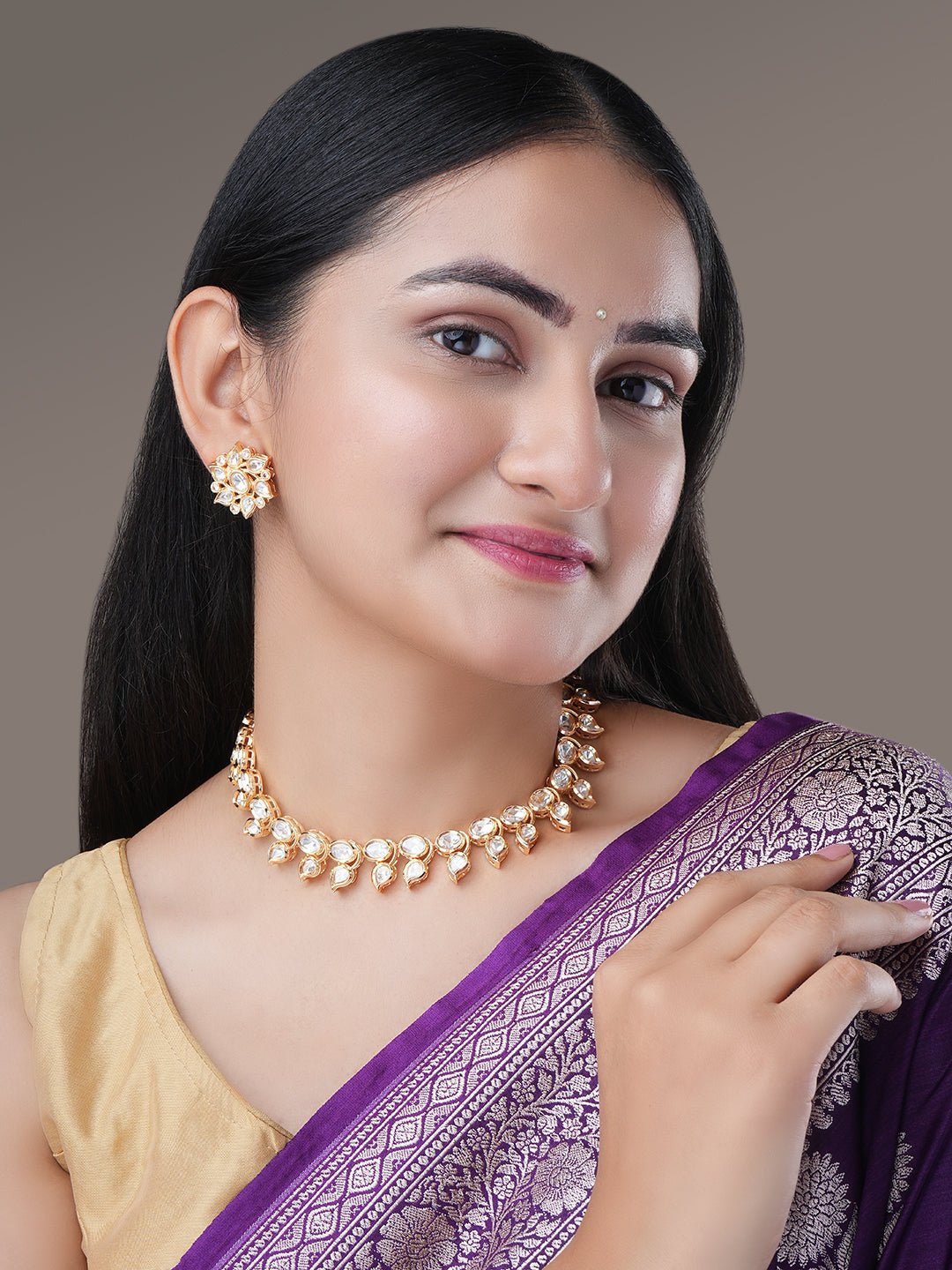 Necklace - Floral Kundan Gold Plated Necklace Set - Opal Touch