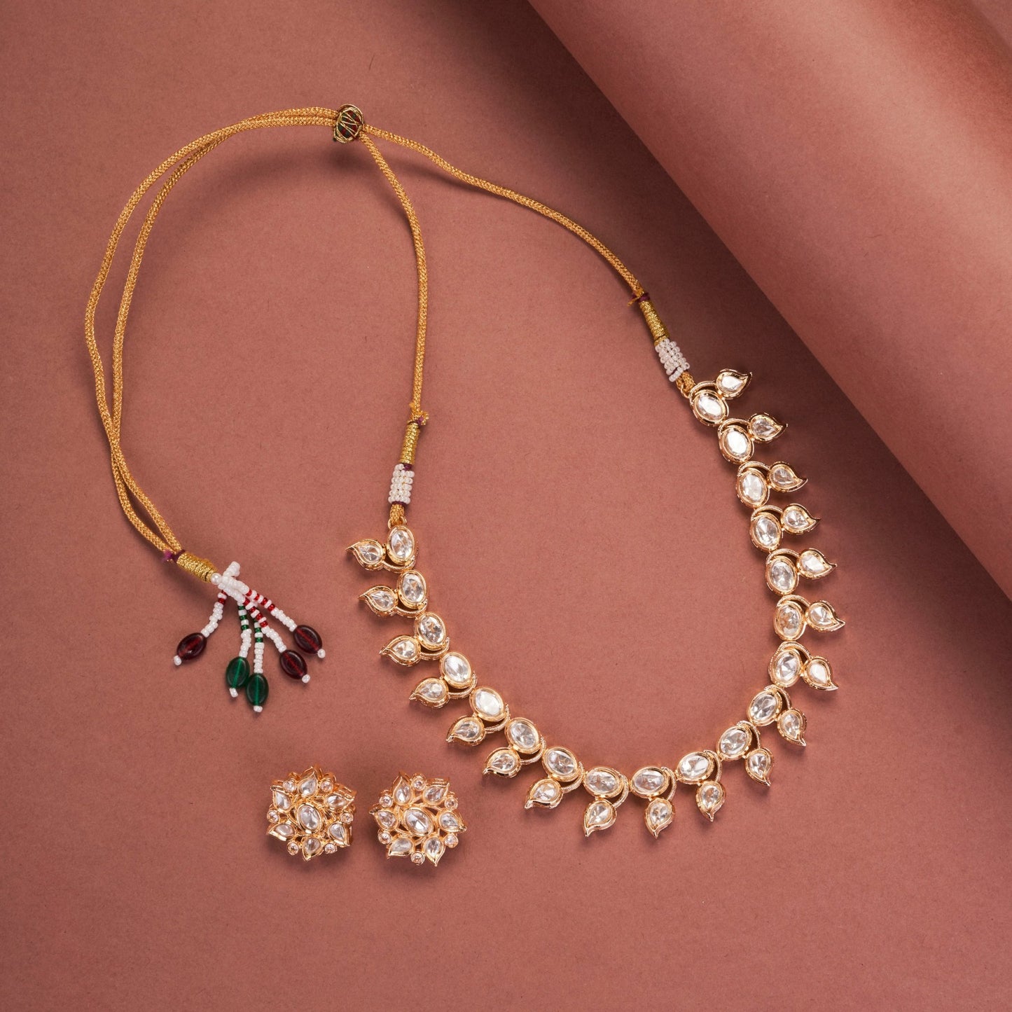 Necklace - Floral Kundan Gold Plated Necklace Set - Opal Touch