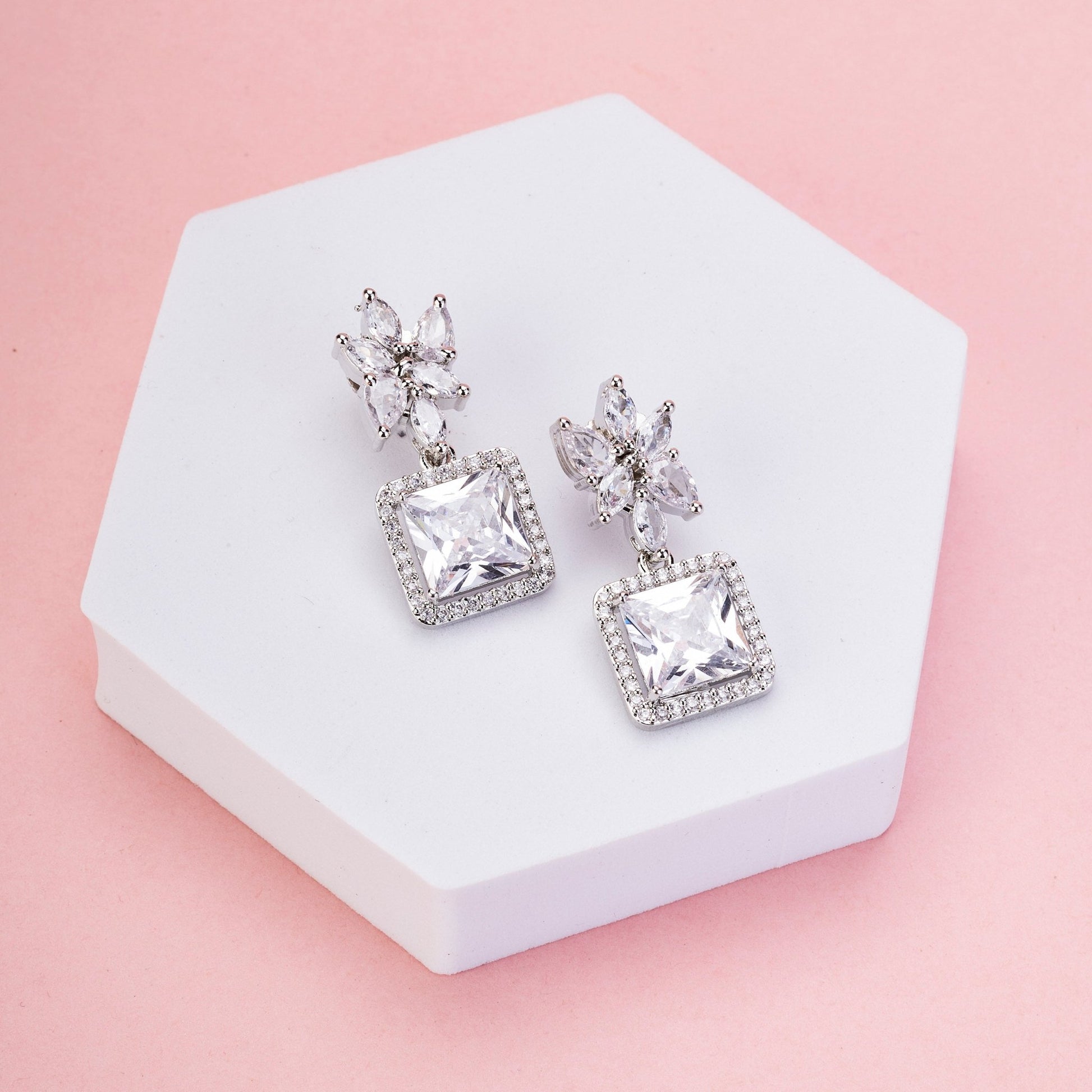 Earrings - Floral Square Dewdrops - Opal Touch