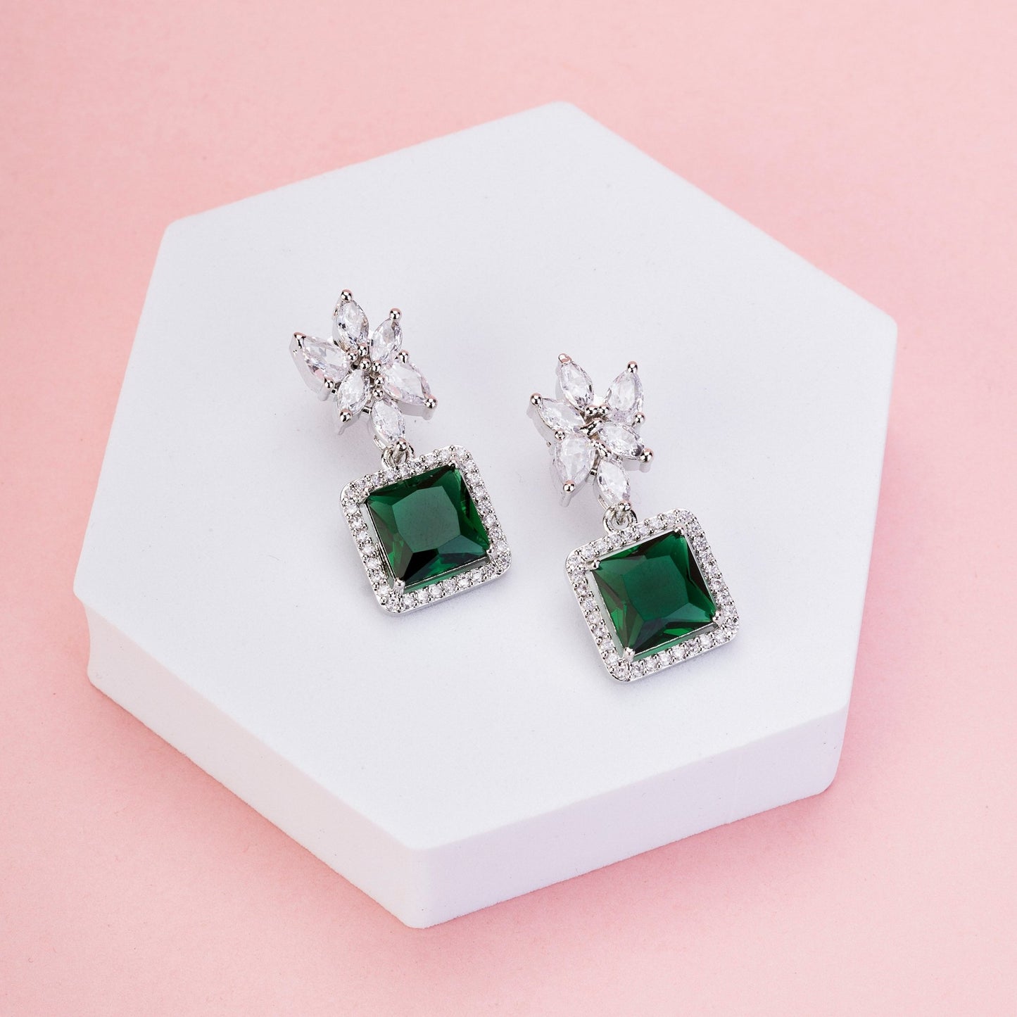 Earrings - Floral Square Dewdrops - Opal Touch