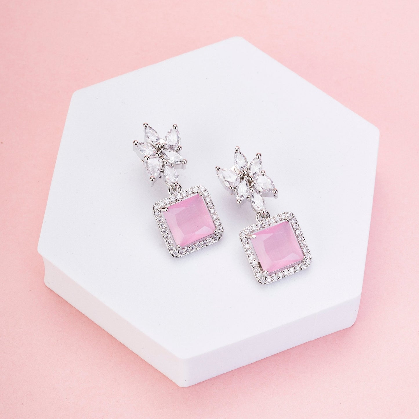 Earrings - Floral Square Dewdrops - Opal Touch