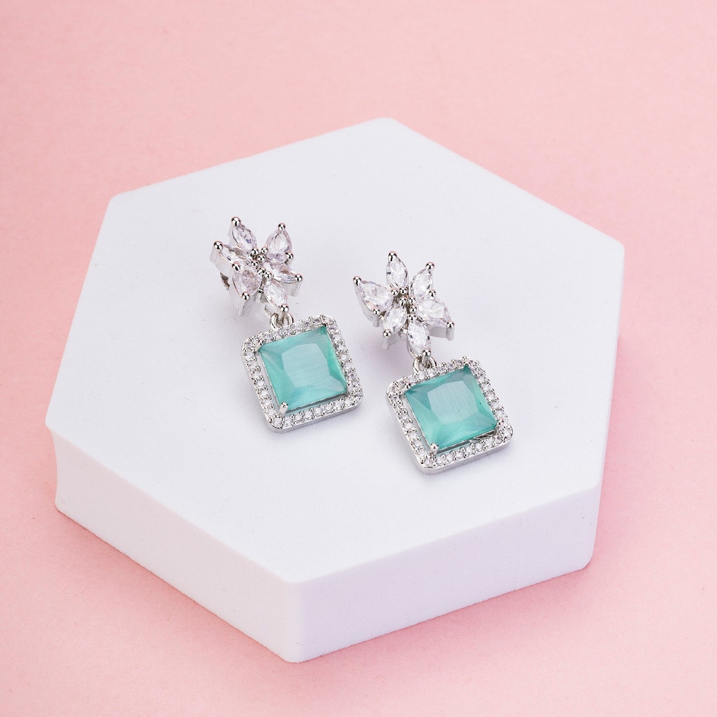 Earrings - Floral Square Dewdrops - Opal Touch