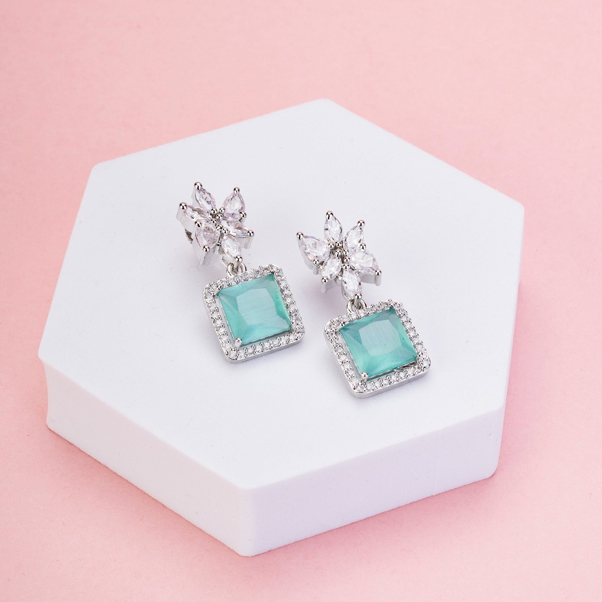 Earrings - Floral Square Dewdrops - Opal Touch