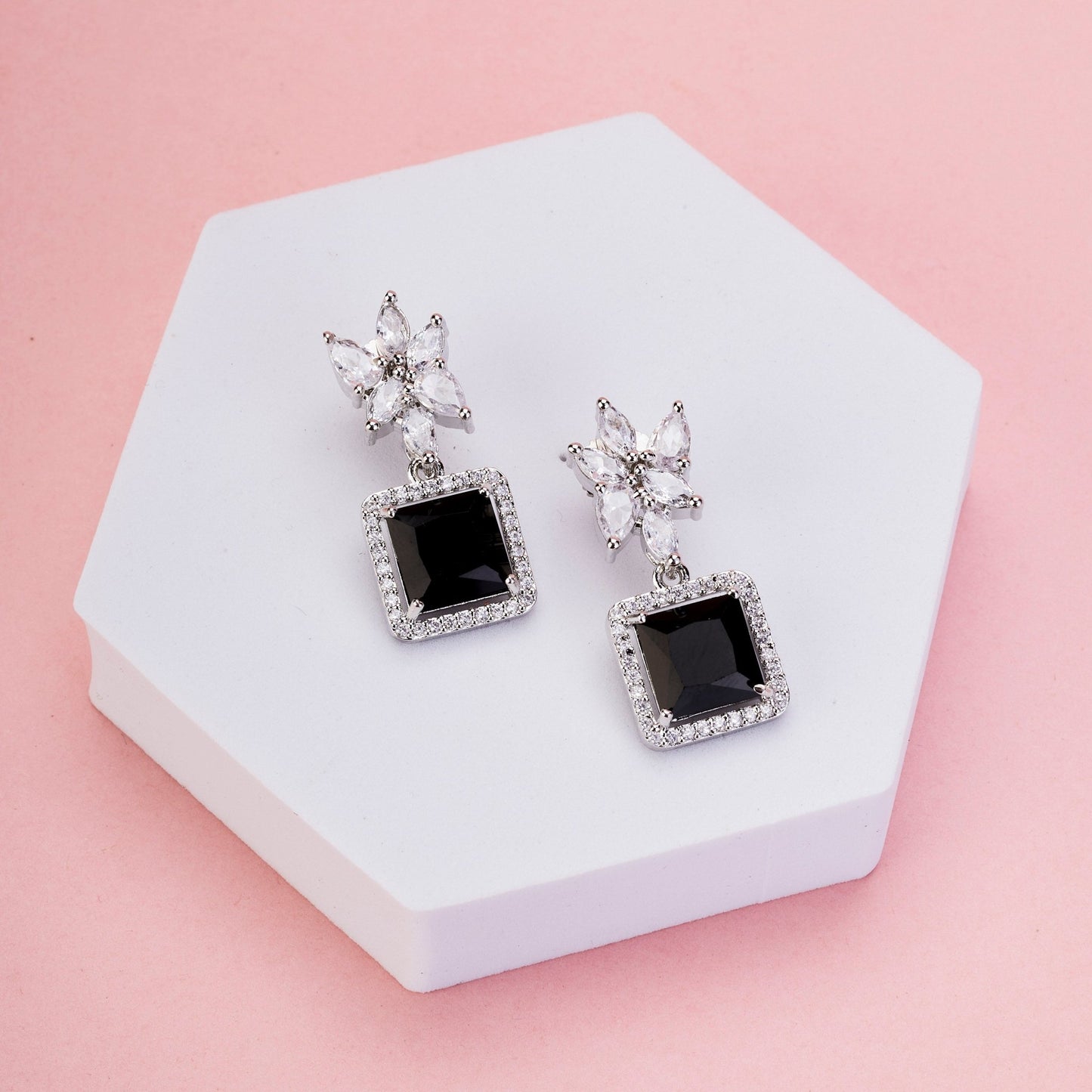 Earrings - Floral Square Dewdrops - Opal Touch